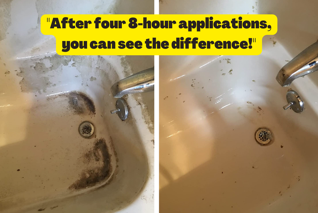 A before and after photo from a reviewer showing their tub after using the Wet & Forget spray