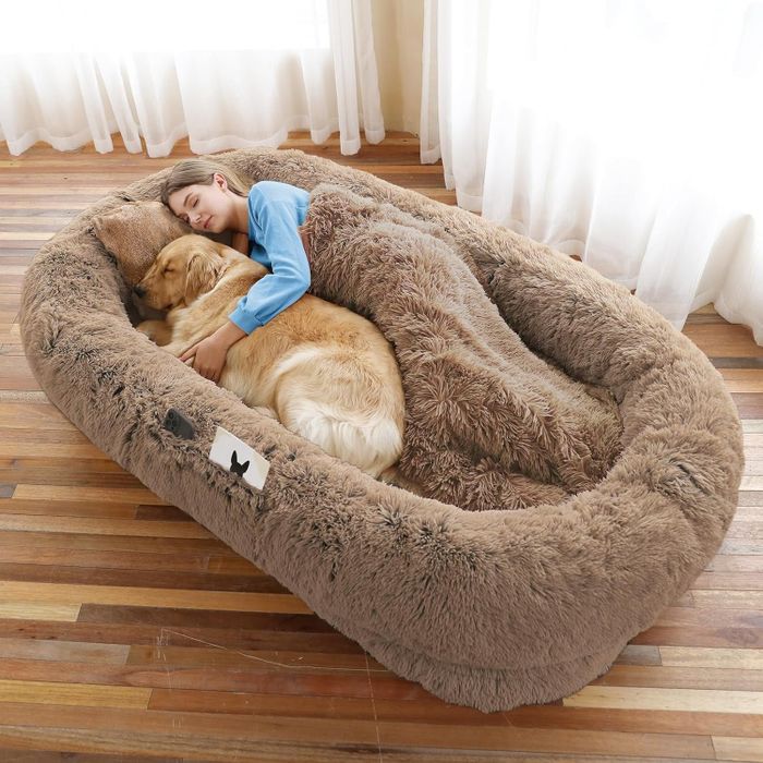 A person and their dog sharing a comfortable nap together on a large, plush bed indoors, highlighting the ultimate in relaxation and comfort for this shopping feature.