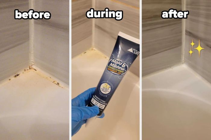 before/after image showing SkylarLife gel applied to a moldy corner of a bathroom, completely removing the spots