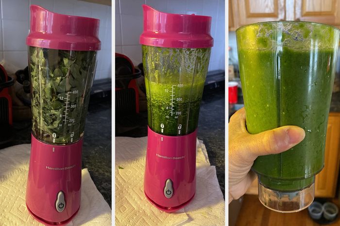 Three images from a reviewer show the progression of blending greens in the pink personal blender: first, whole greens; second, blending in progress; and third, the reviewer proudly presenting the finished green juice.