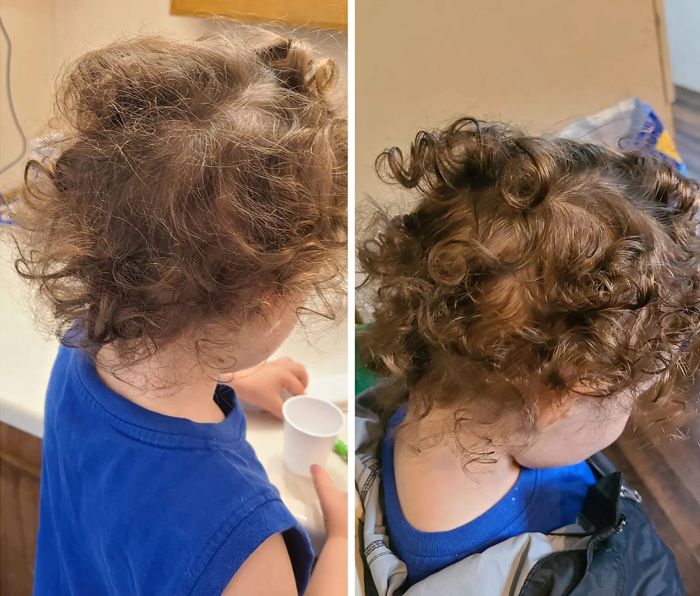 On the left, a reviewer’s child with frizzy hair; on the right, the same child’s curls are smoother and more defined with less frizz.