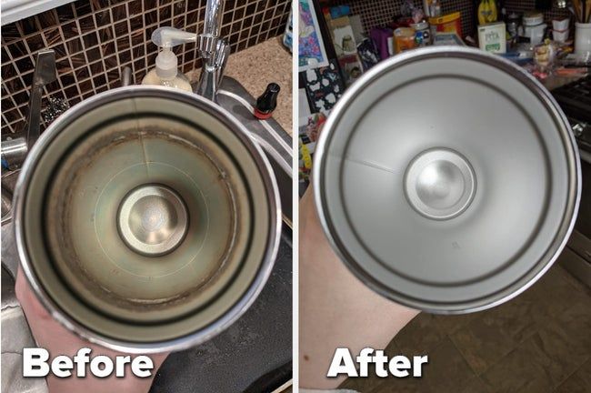 A reviewer's before-and-after image shows the transformation of their dirty bottle to a sparkling clean one after using the cleaning tablets.