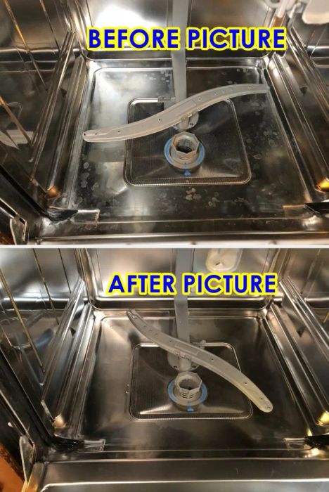 Before and after shots of a grimy dishwasher that's been rejuvenated using one of the cleaning tablets, showcasing its effectiveness.