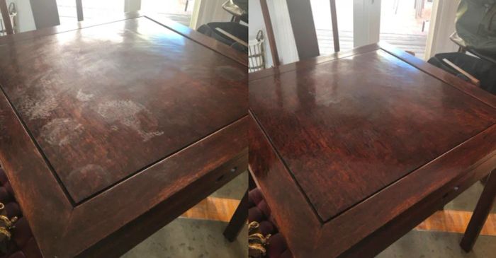 A before-and-after image showing a dining table restored to its pristine condition after using the watermark remover cloth.