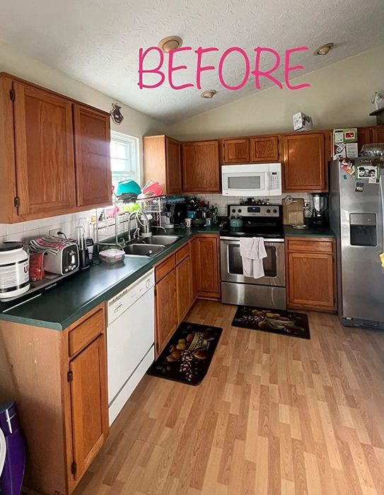 A reviewer's kitchen before the makeover, with outdated wooden cabinets.