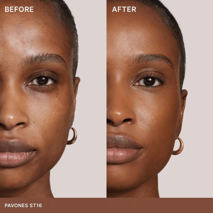 A split image showing a model's face before and after using Pavones ST16 skincare product. The 'after' side reveals smoother, more refined skin texture.
