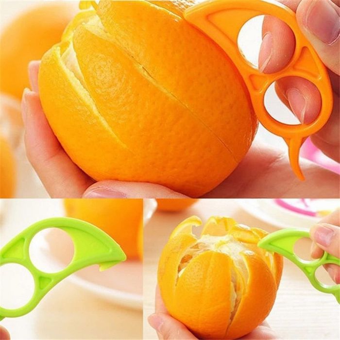 A hand is shown slicing a peeled orange using the specialized orange tool with ease and precision.