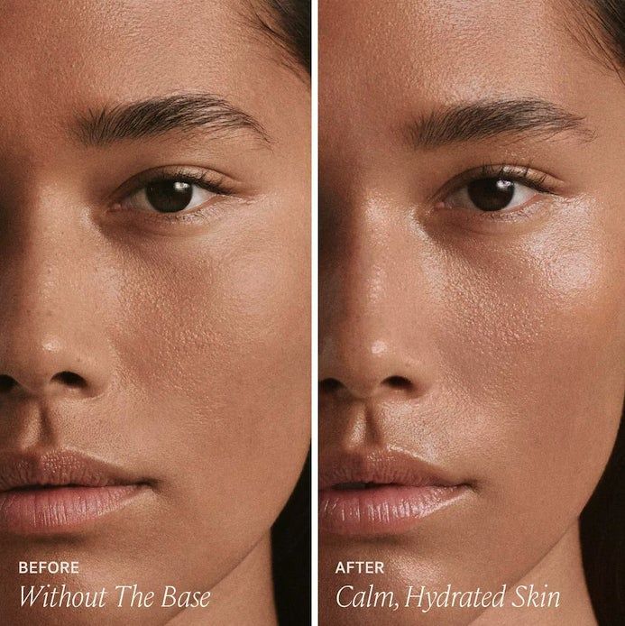 Close-up of a face showing skin texture before and after using a hydrating skincare product, labeled 'Without The Base' and 'Calm, Hydrated Skin.'