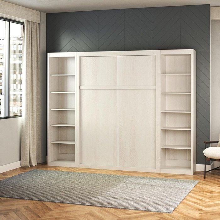 A wall unit with built-in shelves and a hidden Murphy bed, offering a sleek and space-efficient solution in a modern living room.
