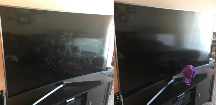 A customer review photo showing the TV screen before and after it was cleaned.