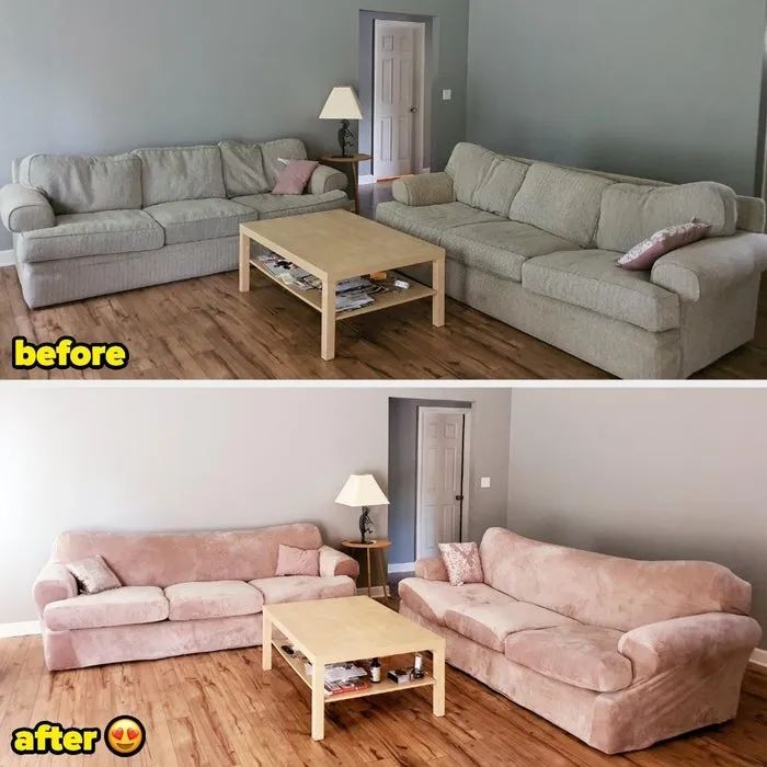 A reviewer gives their couch a fresh taupe makeover with a new slipcover.