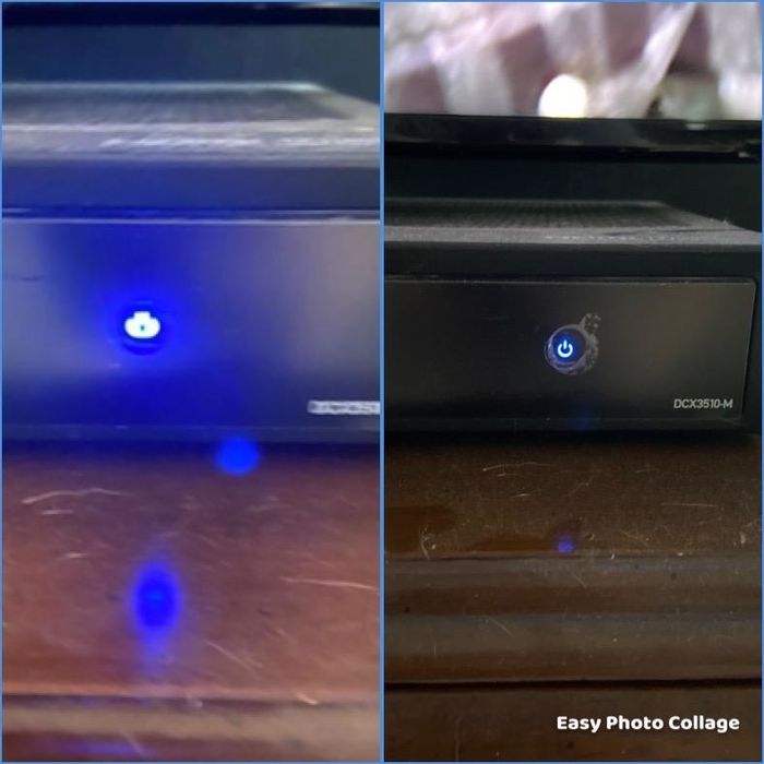 A reviewer shows the blue light on their cable box, which then dims significantly after using the covers.