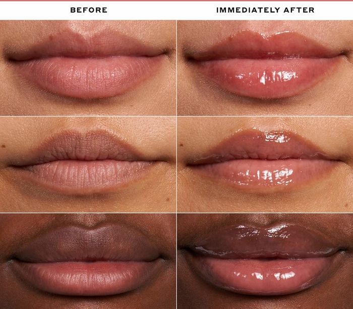 Before and after photos of lips treated with Pout Preserve Lip Treatment, showing enhanced shine and smoothness, labeled as 
