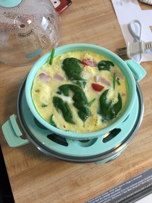 A reviewer cooking an omelet in the blue rapid cooker, showcasing how easy it is to prepare a delicious meal with this gadget.