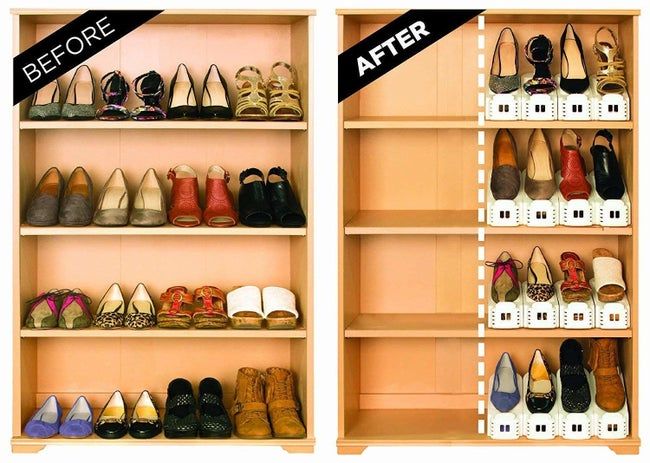 A before-and-after shot showing shelves where shoes are neatly stacked using Shoe Slotz, cutting the space they occupy in half.