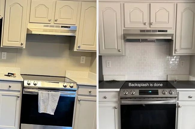 Left: reviewer's kitchen before, with no backsplash; right: after, with the shiny vinyl subway tiles.