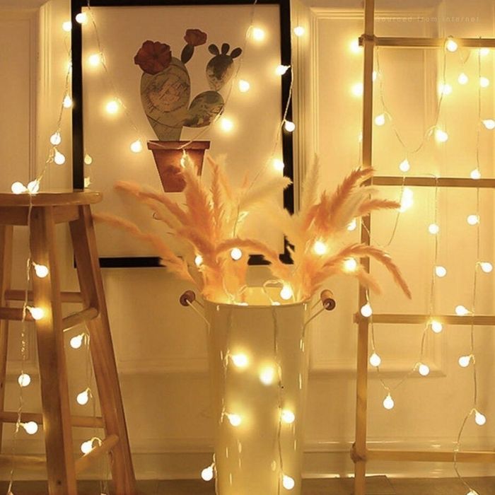 A cozy room setup featuring string lights, a cactus poster, a stool, and a vase with pampas grass. The warm lighting creates a relaxing and inviting shopping ambiance.