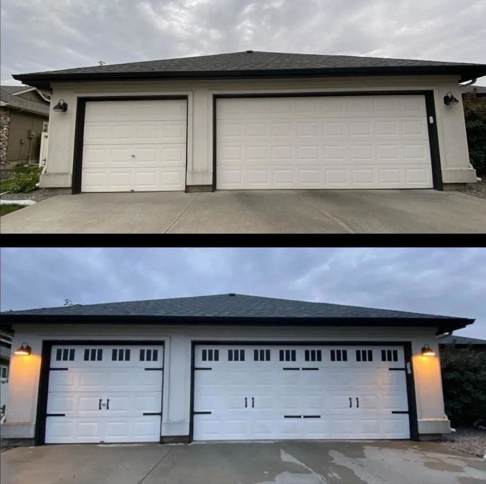 Before and after photo of a reviewer's garage, showing the impact of adding magnets for a modernized door appearance.