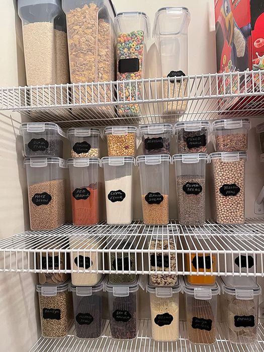 A reviewer's pantry organized with neatly labeled containers.