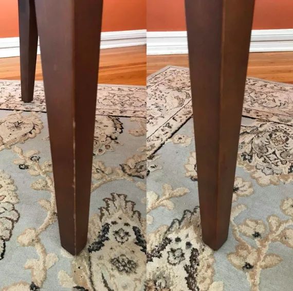 A before-and-after photo of a scratched furniture leg, showing the transformation after using the repair markers.