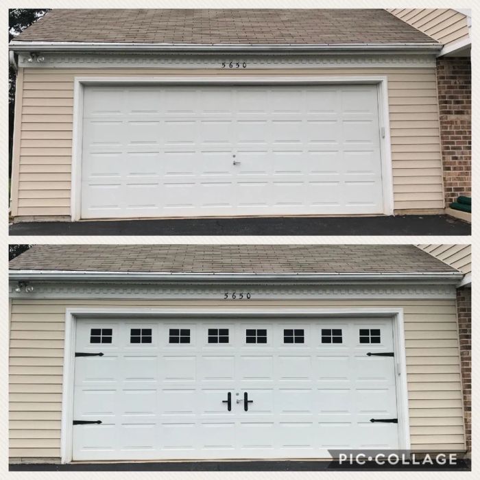 A reviewer's before-and-after photo showing a plain garage door and how stylish it looks with the magnets added.