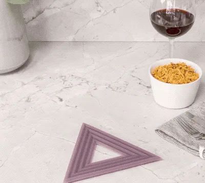 Purple triangular trivets supporting pots and pans