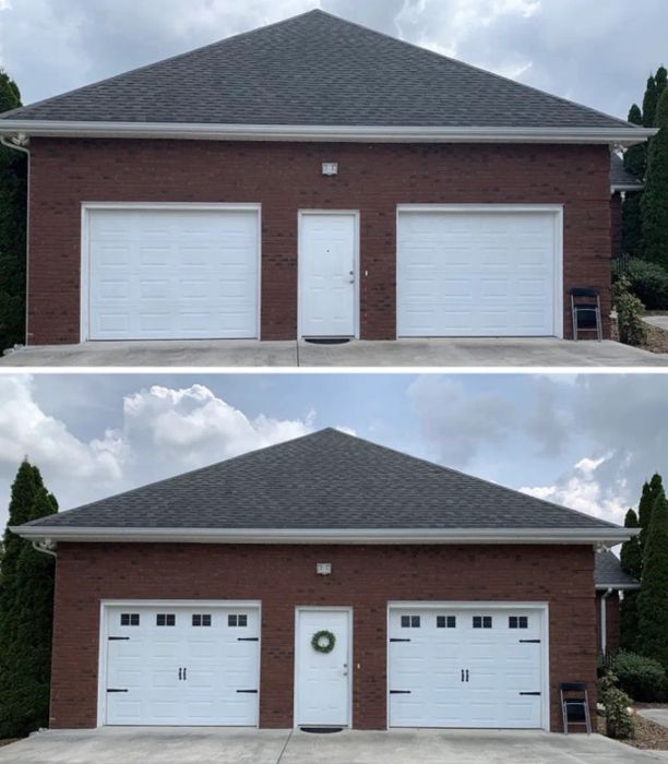 A reviewer's before and after: one garage plain white, the other with faux hardware, showing the transformation.