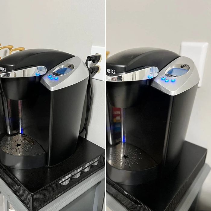 Left: A Keurig single-serve coffee maker on a small table, plugged in and ready to use. Right: The same machine, now with cords neatly concealed by the Sleek Socket.