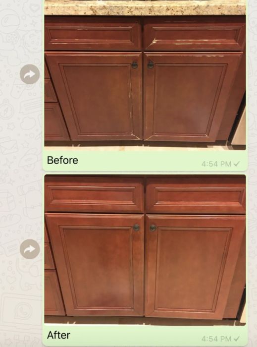 A customer review before-and-after photo displaying their cabinets with visible wear, followed by the cabinets looking as good as new after using the repair kit