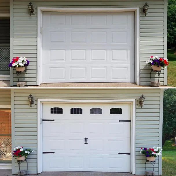 A customer review showing before and after photos of a garage door with and without the decorative hinges