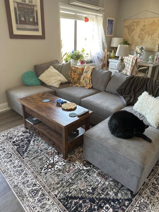 A cozy living room featuring a gray sectional sofa, a wooden coffee table, a patterned rug, and a black cat lounging on an ottoman.