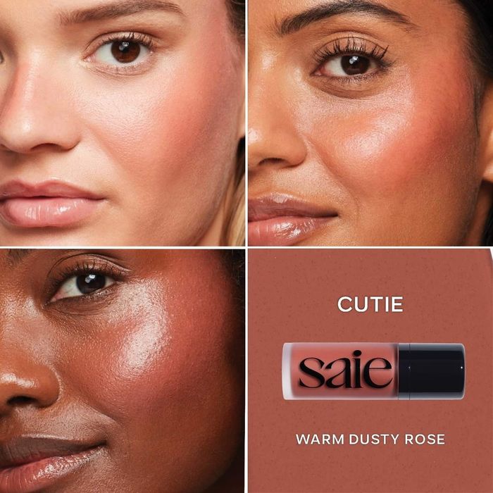 Saie liquid blush in a sleek bottle with a black cap, displayed beside a swatch of the product