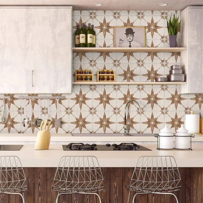 Tile decals applied to a kitchen wall, giving it a stylish touch.