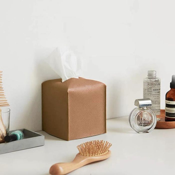 The same tissue box cover, but in a rich brown color