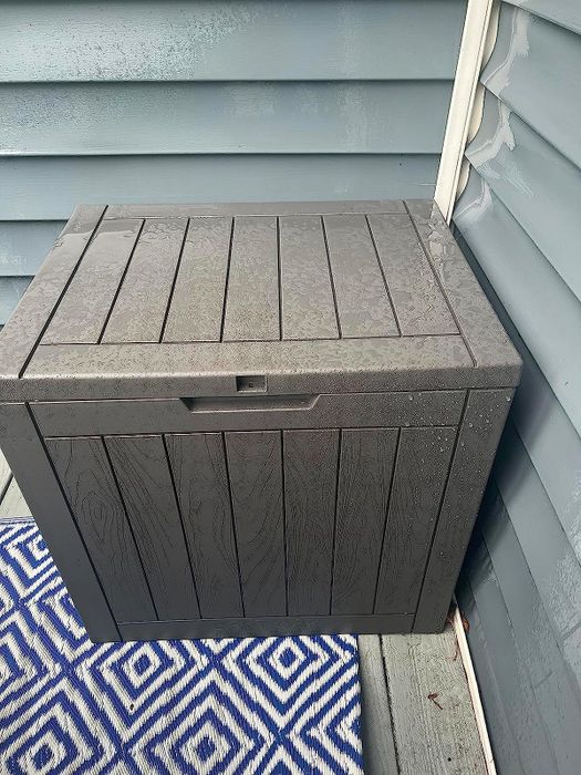A reviewer’s photo of the storage box set up outside