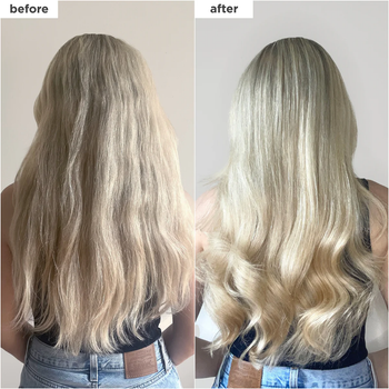 Before and after images of long, blonde hair showing a transformation from wavy and frizzy to sleek, styled soft curls.