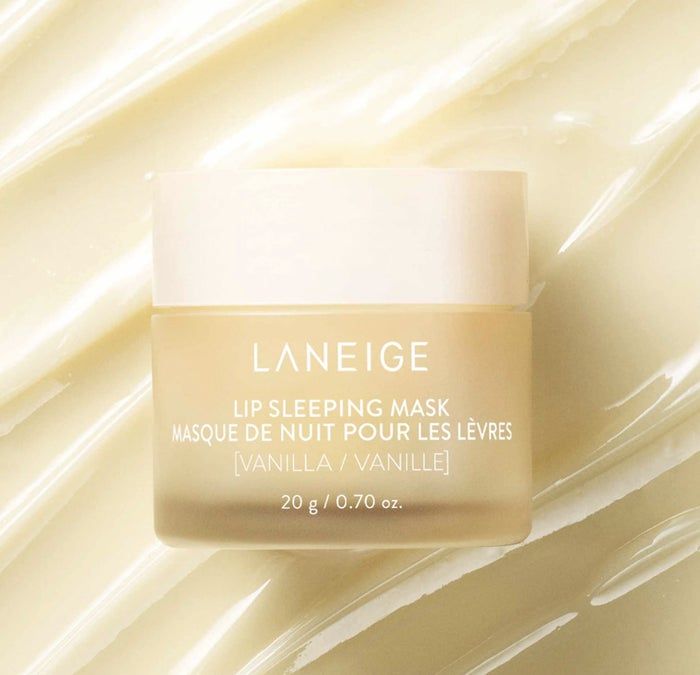 Laneige Lip Sleeping Mask in vanilla scent, showcased on a textured backdrop