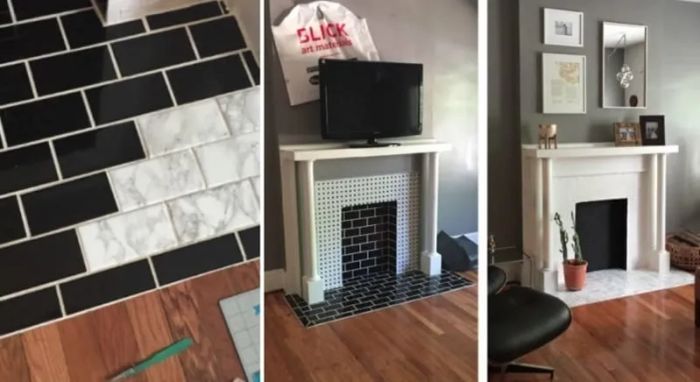 A reviewer's progress shots showing how they used marble paper to cover each individual brick tile on their fireplace for a fresh, modern look.