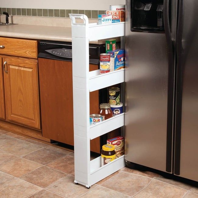 A narrow shelf with four tiers
