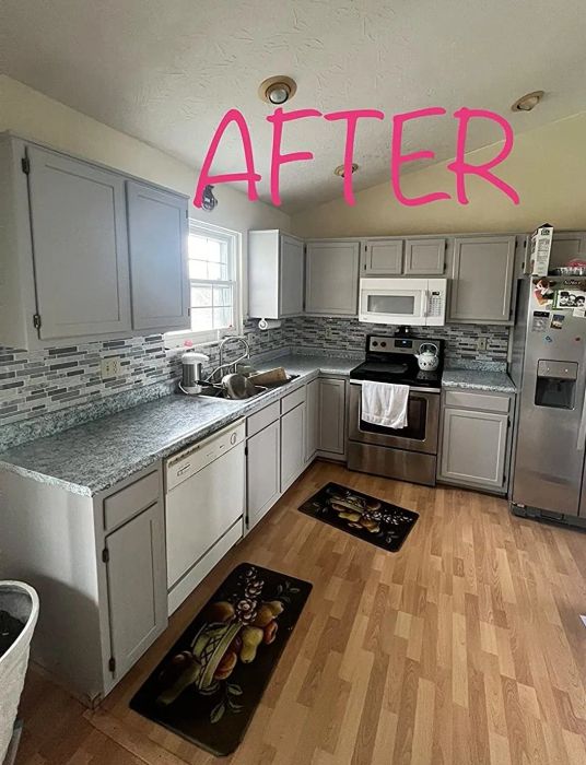 An after-image of the same kitchen, now with sleek gray cabinets for a modern look.