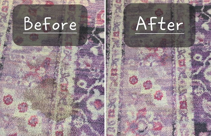 On the left, a stained carpet with a label