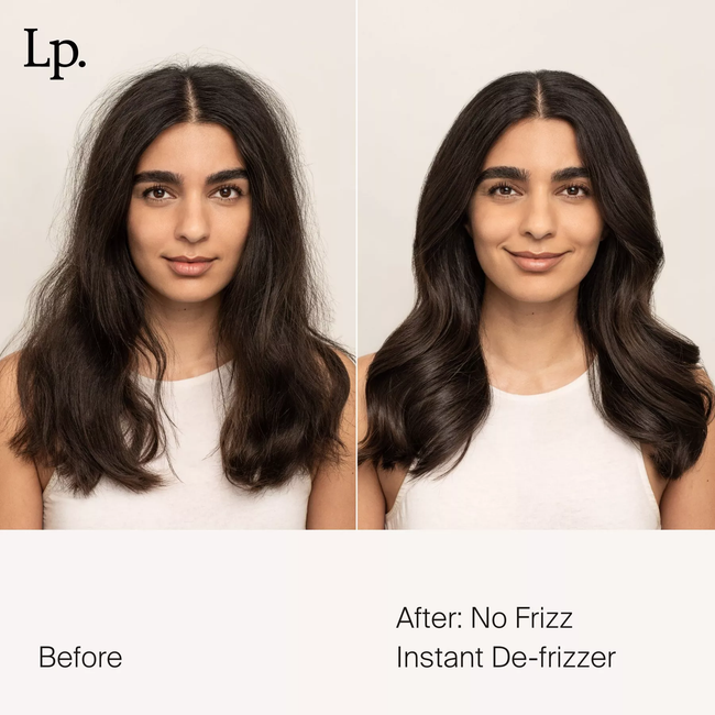 Two side-by-side images of a model: one side shows frizzy hair, while the other side shows smooth, styled hair. Text: