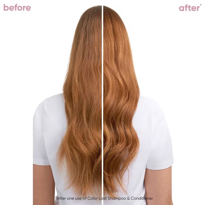 Before and after shot of a model's hair showing smoother, shinier waves after using Color Last Shampoo & Conditioner.