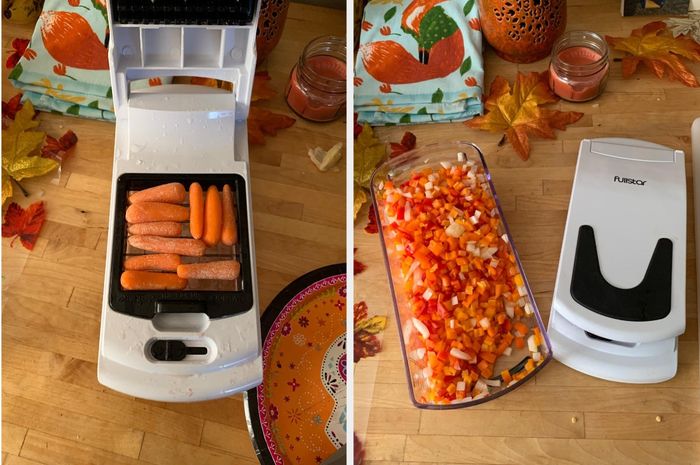 let: reviewer demonstrating the chopper with baby carrots on it / right: same reviewer showing the chopped-up carrots