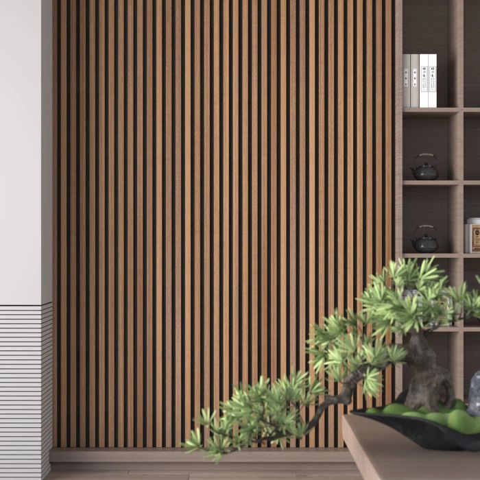 A minimalist design featuring a vertical wood slat wall, open shelves displaying books and teapots, with a decorative branch adding a touch of nature.