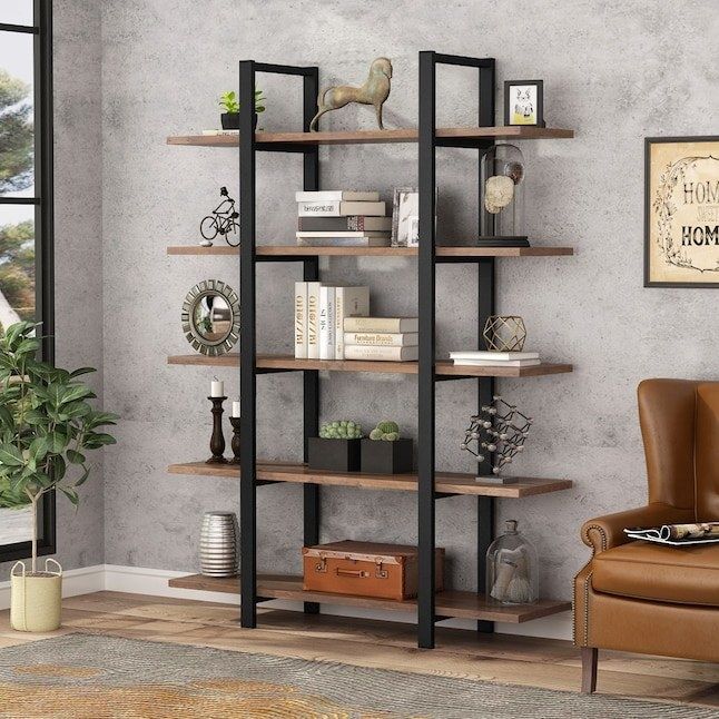 the industrial-style metal and wood bookcase