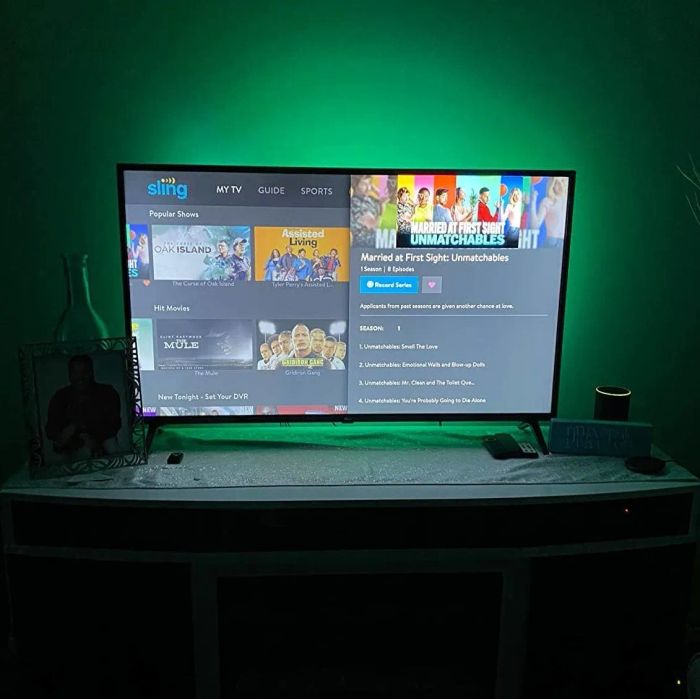 The same LED lights, now glowing in a vibrant green.