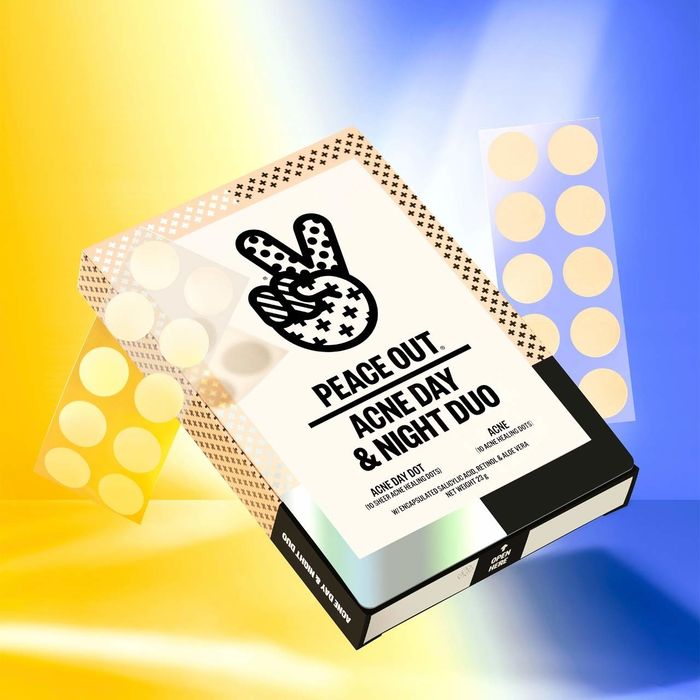Peace Out Acne Day & Night Duo acne patches on a vibrant background
