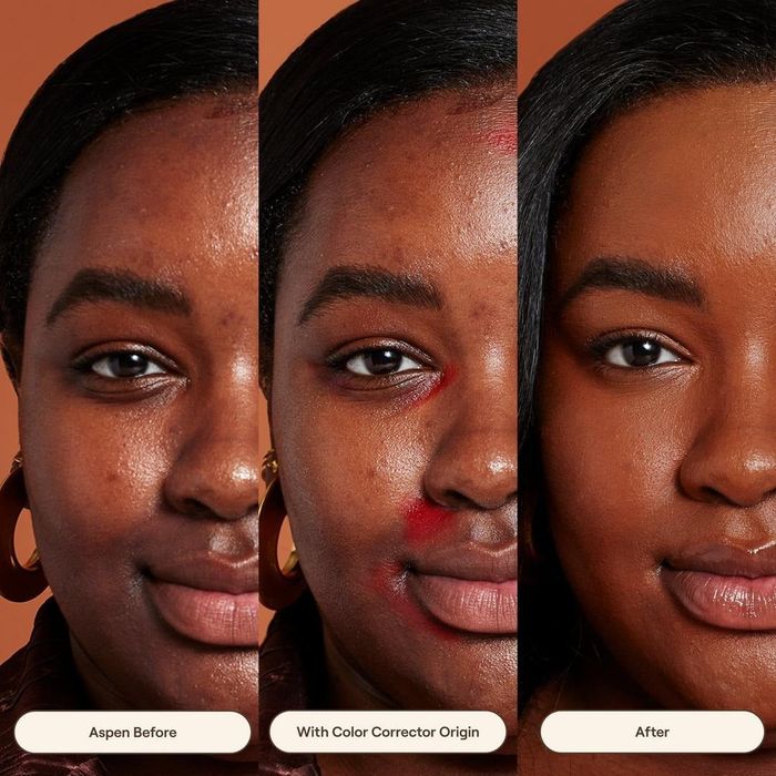 A skincare demo showing the transformation before, during, and after applying a color corrector on a woman's face