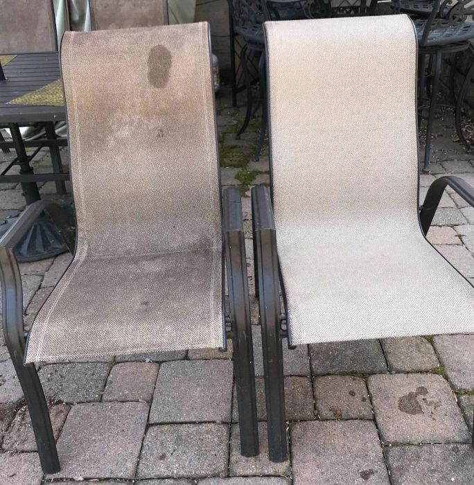A customer review photo showing their outdoor chairs, cleaned with and without using the mildew remover.
